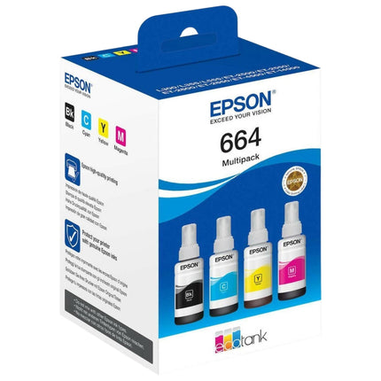 Original Epson (T664) Ultra High-Yield Multi-Color 4-Pack Ink Bottle, C13T664640