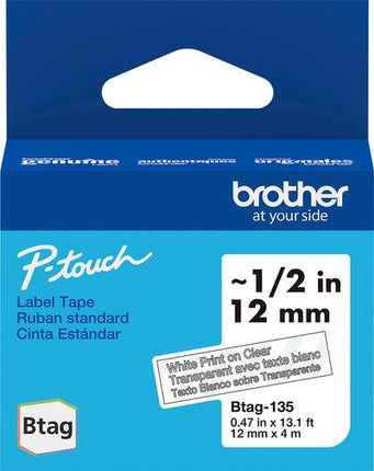 Genuine Brother P-Touch Btag BTAG135 White on Clear Label Tape ~1/2in by 13.1ft (12mm x 4m)