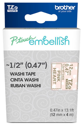 Original Brother P-Touch Embellish Gold Print on Pink Hearts Washi Tape TZeMT3406 ~½” Wide x 13.1’ Long for Use With P-Touch Embellish Ribbon & Tape Printer