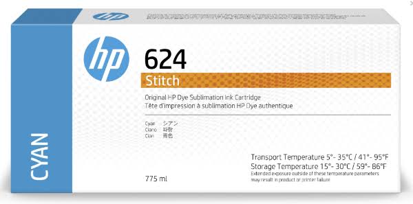 Original HP 624 775ml Cyan Stitch Dye Sublimation Ink Cartridges, 2LL54A