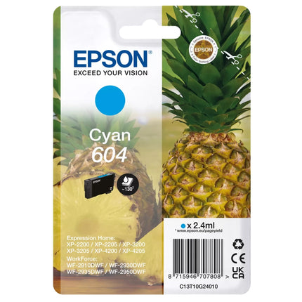 Original Epson 604 Standard Yield Cyan Ink Cartridge, C13T10G24010
