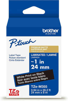 Genuine Brother P-Touch TZe, 1-1/2in x 26.2ft (36mm x 8m) White Print on Black Label Tape (TZeM355),