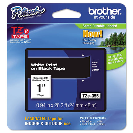 Genuine Brother P-Touch TZE-355 Tape, 1" (0.94") Wide Standard Laminated Tape, White on Black, 0.94" x 26.2' (24mm x 8M), TZE355