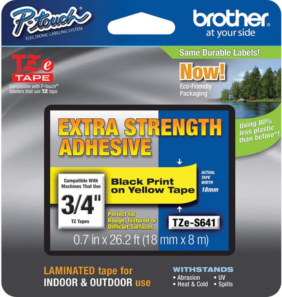 Genuine Brother P-touch TZE-S641 Tape, 3/4" (0.7") Wide Extra-Strength Adhesive Laminated Tape, Black on Yellow, Laminated 0.7" x 26.2' (18mm x 8M), TZES641