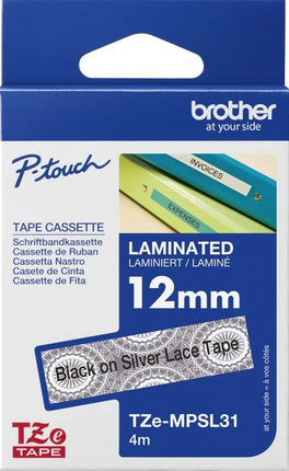 Original Brother TZe-MPSL31 Labelling Tape Cassette, Black on Silver Lace, 12 mm (W) x 4 m (L)