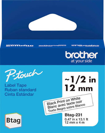 Genuine Brother P-Touch Btag BTAG-231 Black on White Label Tape ~1/2in by 13.1ft (12mm x 4m).