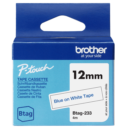 Genuine Brother P-Touch Btag BTAG233 Blue on White Label Tape ~1/2in by 13.1ft (12mm x 4m)