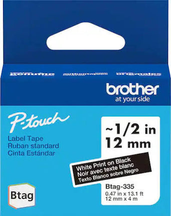 Genuine Brother P-Touch Btag BTAG335 White on Black Label Tape ~1/2in by 13.1ft (12mm x 4m)