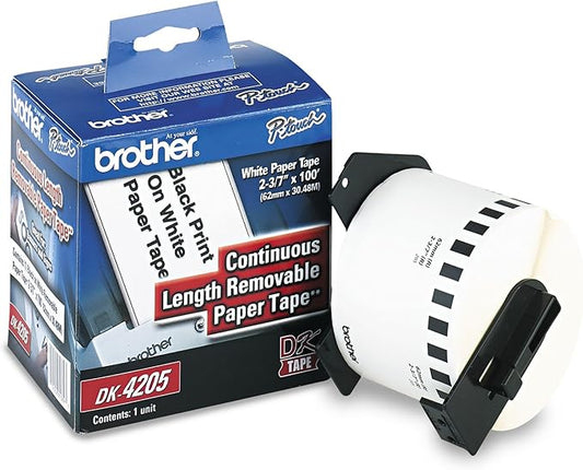 Original Brother DK4205 Removable Paper Label Tape for QL Printers, 2-3/7in x 100ft Roll, White