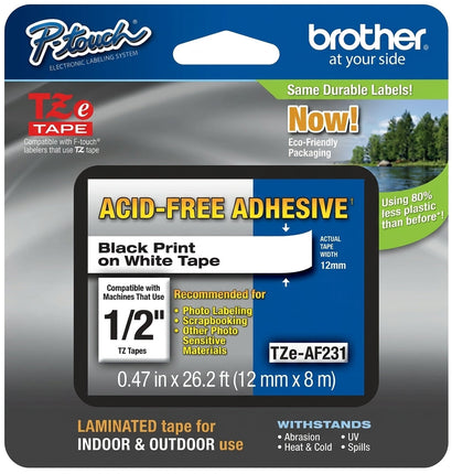 Original Brother P-Touch TZE-AF231 Standard Yield Black on White Label Tape 12mm x 8 m, BRTTZEAF23