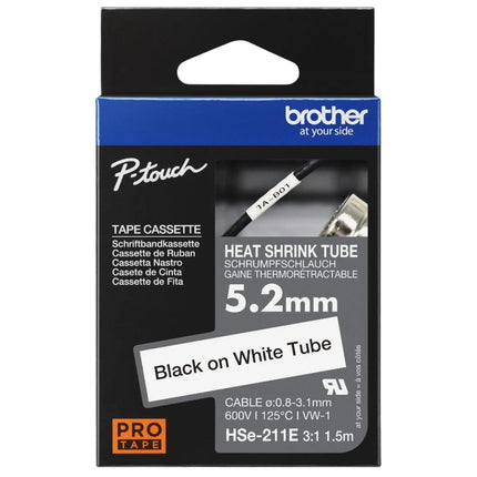 Genuine Brother HSE-211E Heat Shrink Tape, Black On White, 5.22mm x 1.5m