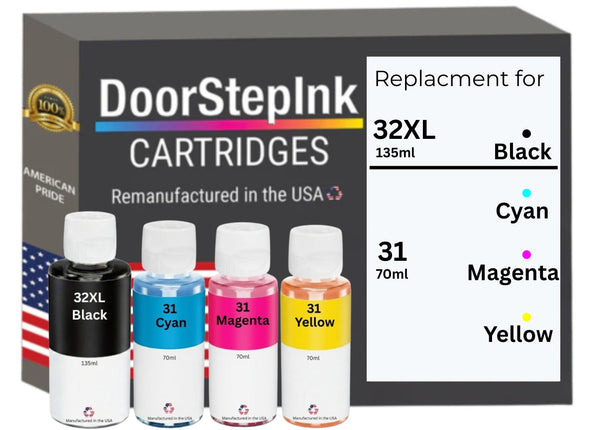 DoorStepInk Brand Replacement for HP 32XL Black 135ml HP 31 Tri-Color 70ml Ink Bottle Made in the USA