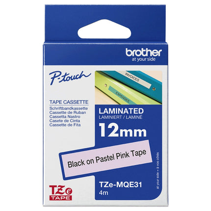 Original Brother Tze-MQE31 Labelling Tape Cassette 12mm (W) * 8m (L) Black on Paster Pink Tape-Tze-MQE31