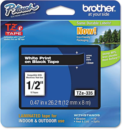 Genuine Brother -touch TZE-335 Label Tape, 1/2" (0.47") Standard Laminated P-Touch Tape, White on black Single-Pack