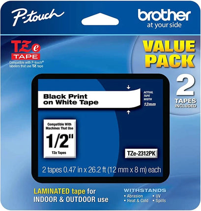 Genuine Brother TZe-2312PK 1/2 In. Black on White P-Touch Label Tape 2/Pack
