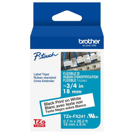 Original Brother P-Touch TZe-FX241, ~3/4" (0.7") Black on White Flexible Cable/Wire Laminated Tape