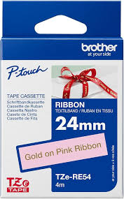 Original Brother textile tape TZe-RE54 gold on pink - 24 mm wide, 4 meters long (including for P-touch H200, H100LB/R, H105, E100/VP, D200/BW/VP, D210/VP, Cube, Cube Plus)