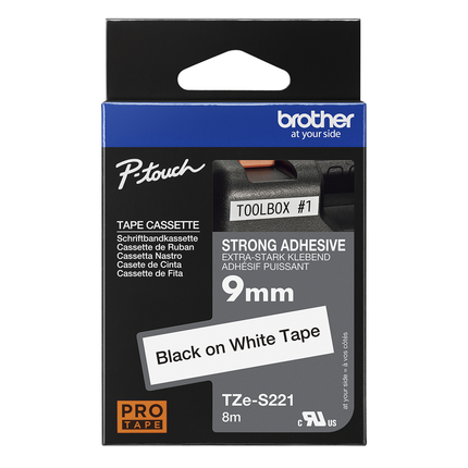 Original Brother TZS221 3/8in (9MM) Black on White Industrial Tape for P-Touch Label Printers