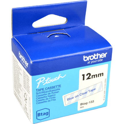 Genuine Brother BTAG133 Label Tape for P-touch Label Makers - Blue on Clear - 12 mm W x 4 m L