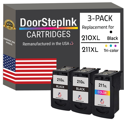 DoorStepInk Remanufactured in the USA Ink Cartridges for Canon PG-210XL 210 XL 2 Black / CL-211XL 211 XL 1 Color 3-Pack