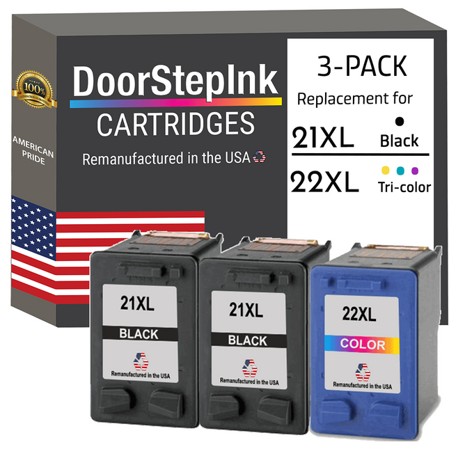DoorStepInk Remanufactured in the USA Ink Cartridges for HP 21XL 21 XL 2 Black / HP 22XL 22 XL 1 Color 3-Pack
