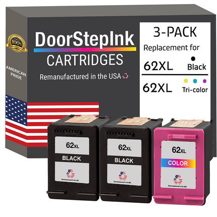 DoorStepInk Brand for HP 62XL 62 XL 2 Black / 1 Color 3-Pack Remanufactured in the USA Ink Cartridges