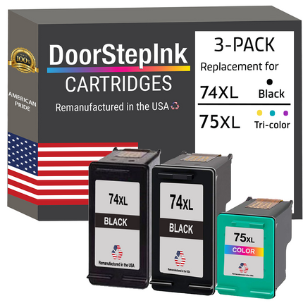 742 Computer Ink DoorStepInk Brand for HP 74XL 2 Black / 75XL 1 Color 3-Pack Remanufact