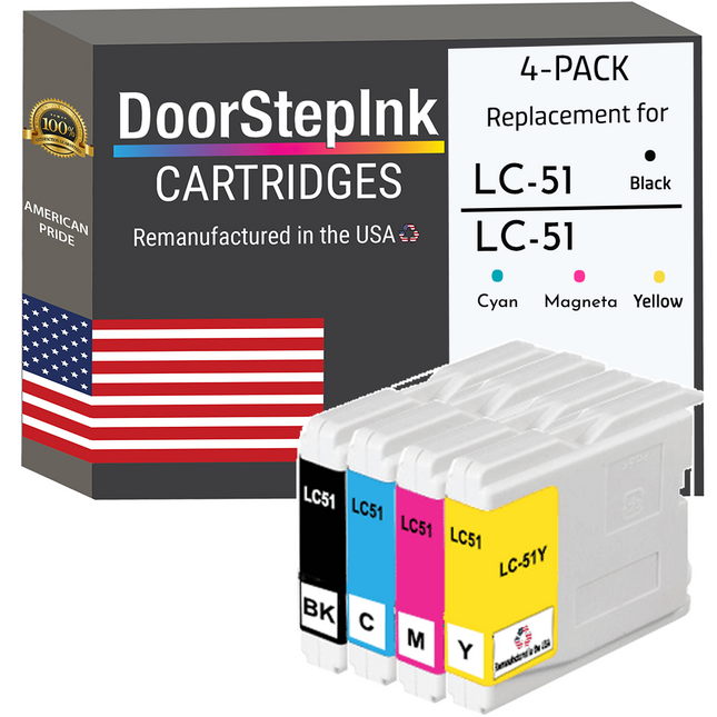 DoorStepInk Remanufactured in the USA Ink Cartridges for Brother LC51 Black, Cyan, Magenta and Yellow (4Pack)
