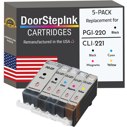 DoorStepInk Brand for Canon 1 PGI-220 Black / CLI-221 1 Black and 3 Colors Remanufactured in the USA Ink Cartridges 5-Pack