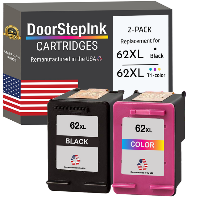 DoorStepInk Remanufactured in the USA Ink Cartridges for 62XL C2P05AN Black and 62Xl C2P07AN Tri-Color