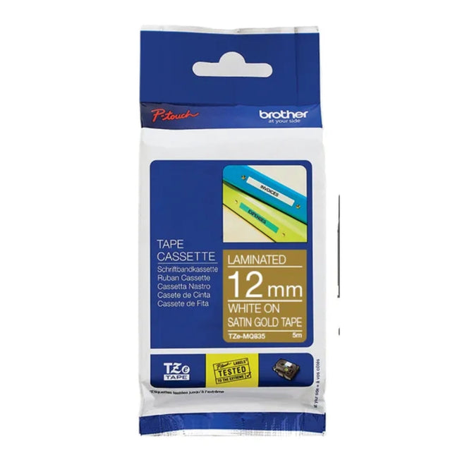 Original Brother TZe-MQ835 Labelling Tape Cassette 12mm (W) * 5m (L) White on stain Gold Tape-TZe-MQ835