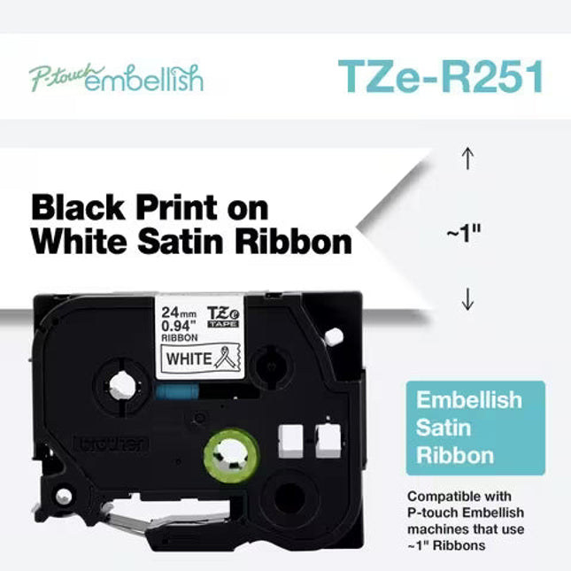 Original Brother P-touch TZE-R251 Embellish Black Print on White Satin Ribbon ~1" (24mm) x 13.1' (4m)