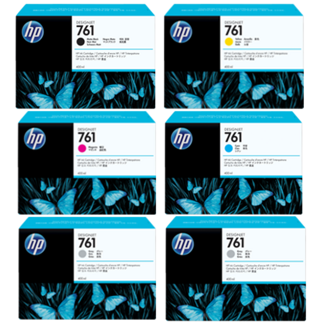 HP 761 400mL Matte Black, Cyan, Magenta, Yellow, Gray & Dark Gray Ink Cartridge