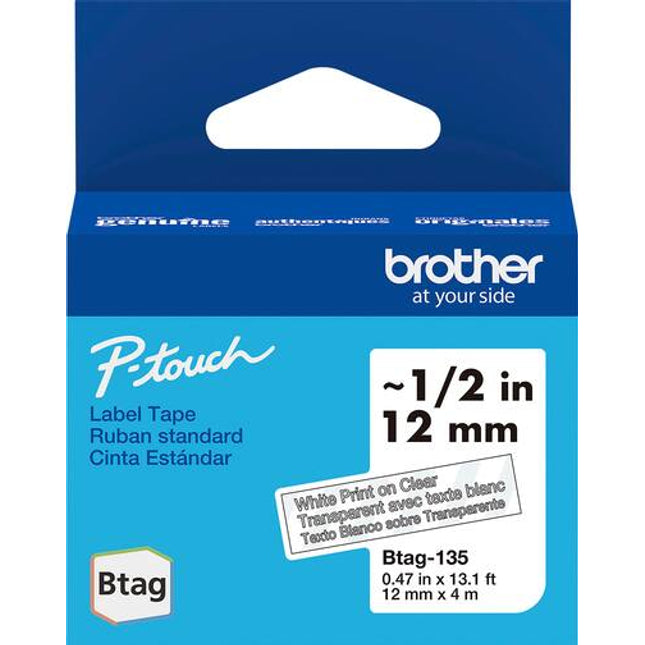 Genuine Brother P-Touch Btag BTAG135 White on Clear Label Tape ~1/2in by 13.1ft (12mm x 4m)