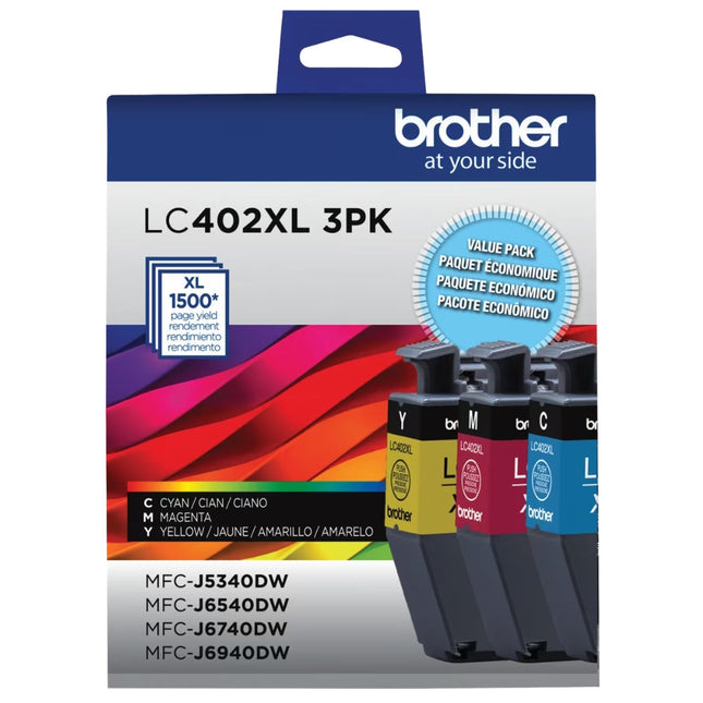 Original Brother LC402XL High Yield Cyan, Magenta and Yellow Ink Cartridges(3-Pack)