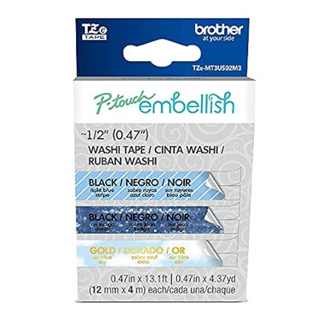 Original Brother P-touch Embellish 3-Pack Blue Washi Tape Assortment TZeMT3US02M3- 3 Pack