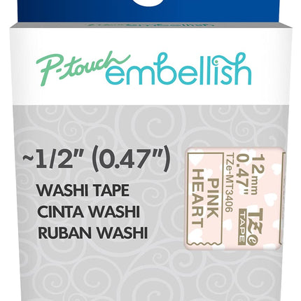 Original Brother P-Touch Embellish Gold Print on Pink Hearts Washi Tape TZeMT3406  ~½” Wide x 13.1’ Long for Use With P-Touch Embellish Ribbon & Tape Printer