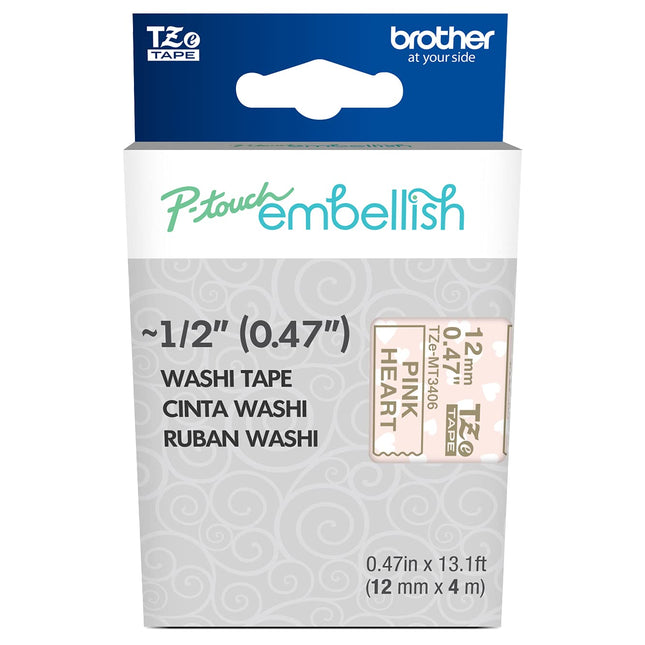 Original Brother P-Touch Embellish Gold Print on Pink Hearts Washi Tape TZeMT3406  ~½” Wide x 13.1’ Long for Use With P-Touch Embellish Ribbon & Tape Printer
