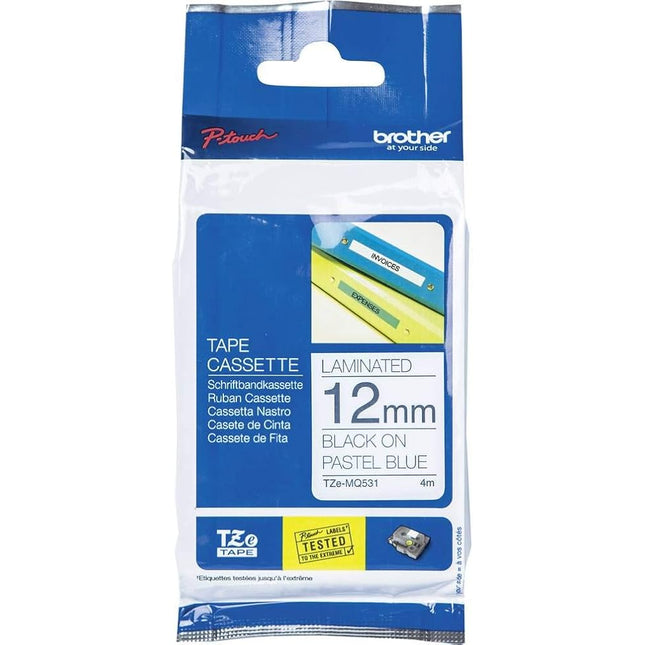 Original Brother TZe-MQ531 Labelling Tape Cassette, Black on Pastel Blue, 12 mm (W) x 4 m (L), Laminated