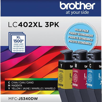 Original Brother LC402XL High Yield  Cyan, Magenta and Yellow Ink Cartridges(3 Packs)