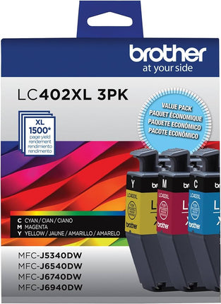 Original Brother LC402XL High Yield Cyan, Magenta and Yellow Ink Cartridges(3-Pack)