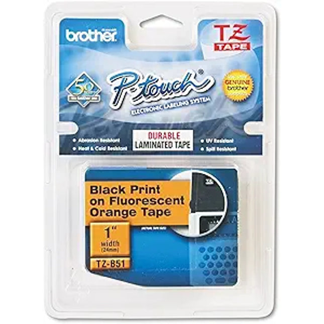 Genuine Brother P-Touch TZE-B51 Tape, 1" (0.94") Wide Standard, Black on Fluorescent Orange, Laminated Tape
