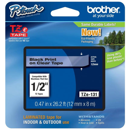 Genuine Brother TZe-131 Labelling Tape – Black on Clear, 12mm wide