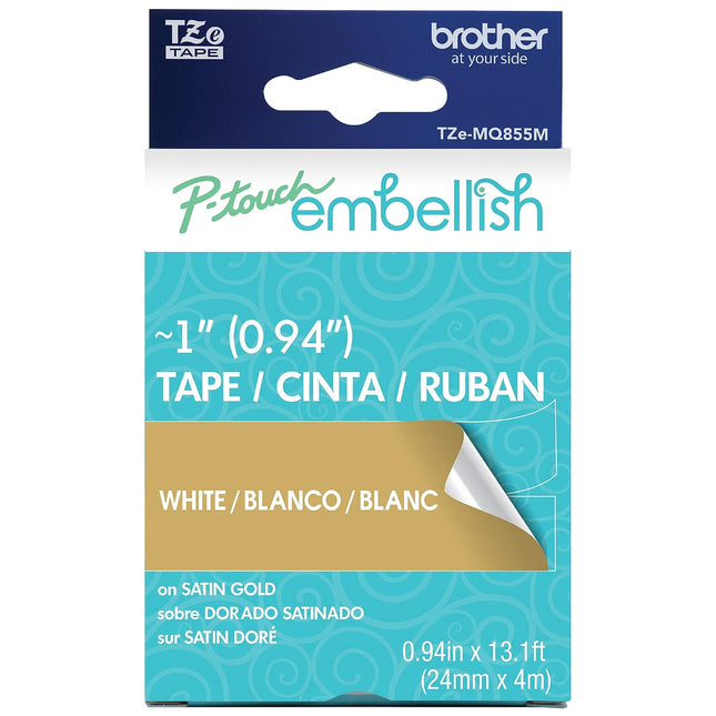 Original Brother P-Touch Embellish White Print on Satin Gold Tape TZE-MQ855M ~1"" Wide x 13.1ft Long (24mm x 4m)
