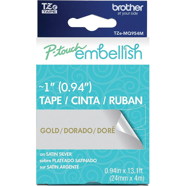 Original Brother P-Touch Embellish Gold Print on Satin Silver Tape TZE-MQ954M - ~1" Wide x 13.1’ Long (24mm x 4m)- 2-Pack