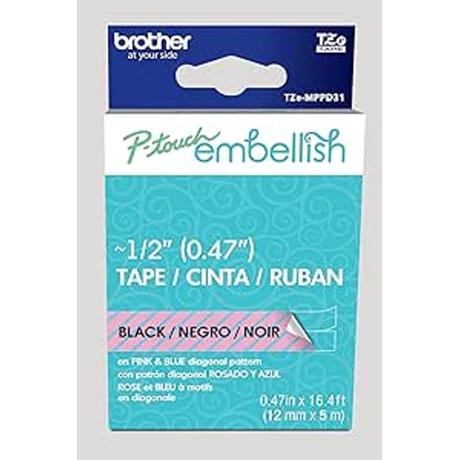 Original Brother P-touch TZe-MPPD31 Embellish Black on Pink and blue Assortment Tape