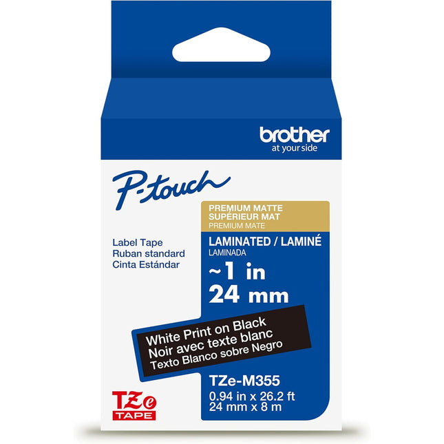 Genuine Brother P-Touch TZeM355, 1-1/2in x 26.2ft (36mm x 8m) White Print on Black Label Tape