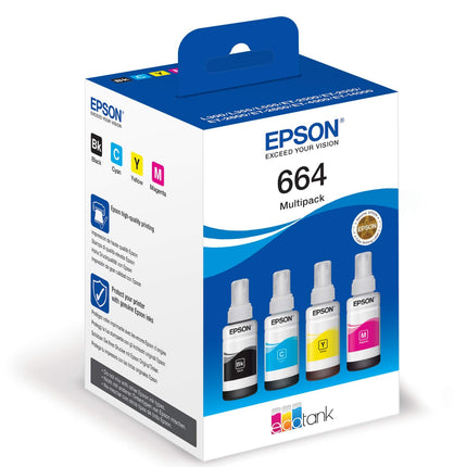 Original Epson (T664) Ultra High-Yield Multi-Color 4-Pack Ink Bottle, C13T664640