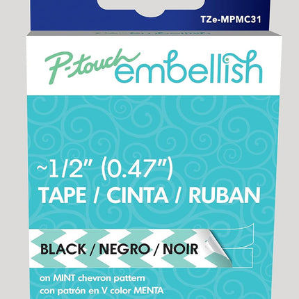 Original Brother P-Touch Embellish Black Print on Mint Chevron Pattern Tape TZEMPMC31 – ~½” Wide x 13.1’ Long