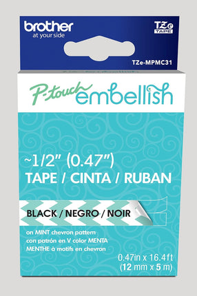 Original Brother P-Touch Embellish Black Print on Mint Chevron Pattern Tape TZEMPMC31 – ~½” Wide x 13.1’ Long